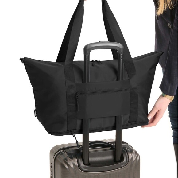 NWT $120 The Foldie Black Nylon Foldable Expandable Shoulder Bag Travel Tote - Picture 2 of 7